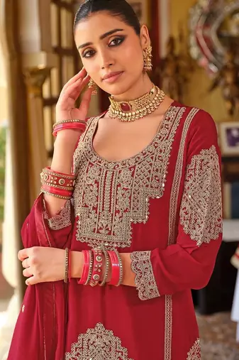 Ethnic Motifs Embroidered Chinon Beads & Stones Kurta With Palazzos & Dupatta