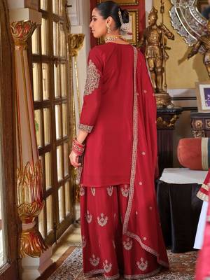 Ethnic Motifs Embroidered Chinon Beads & Stones Kurta With Palazzos & Dupatta 4