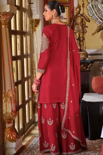 Ethnic Motifs Embroidered Chinon Beads & Stones Kurta With Palazzos & Dupatta