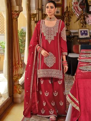 Ethnic Motifs Embroidered Chinon Beads & Stones Kurta With Palazzos & Dupatta 5