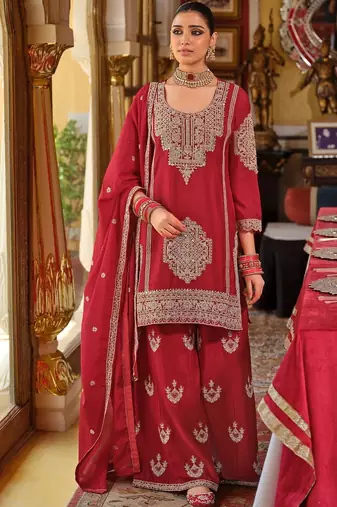 Ethnic Motifs Embroidered Chinon Beads & Stones Kurta With Palazzos & Dupatta