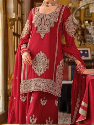 Ethnic Motifs Embroidered Chinon Beads & Stones Kurta With Palazzos & Dupatta 6