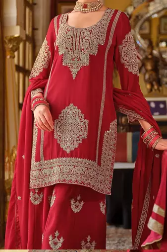 Ethnic Motifs Embroidered Chinon Beads & Stones Kurta With Palazzos & Dupatta