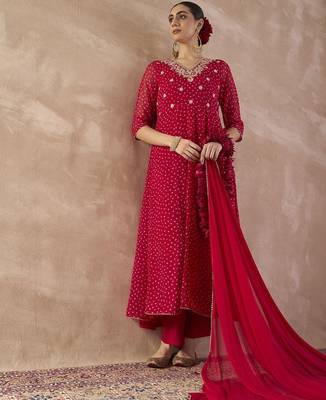 Ethnic Motifs Printed Sequinned Georgette Anarkali Kurta With Trousers & Dupatta 1