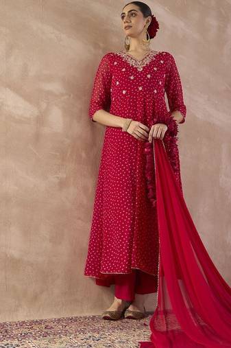 Ethnic Motifs Printed Sequinned Georgette Anarkali Kurta With Trousers & Dupatta