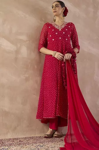 Ethnic Motifs Printed Sequinned Georgette Anarkali Kurta With Trousers & Dupatta