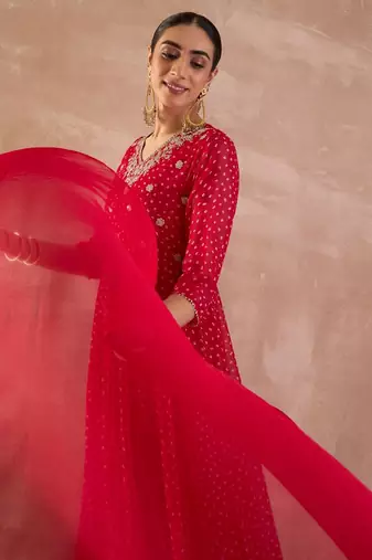 Ethnic Motifs Printed Sequinned Georgette Anarkali Kurta With Trousers & Dupatta