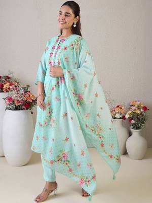 Women Floral Embroidered Regular Thread Work Linen Kurta with Trousers & With Dupatta 1