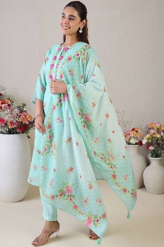 Women Floral Embroidered Regular Thread Work Linen Kurta with Trousers & With Dupatta