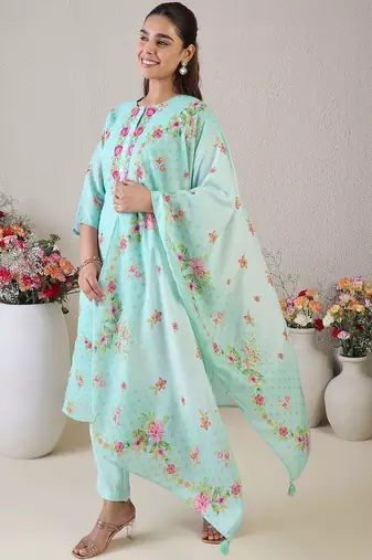 Women Floral Embroidered Regular Thread Work Linen Kurta with Trousers & With Dupatta
