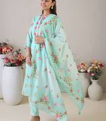 Women Floral Embroidered Regular Thread Work Linen Kurta with Trousers & With Dupatta