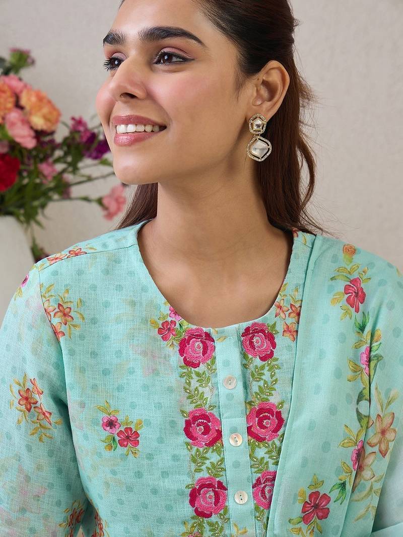 Women Floral Embroidered Regular Thread Work Linen Kurta with Trousers & With Dupatta