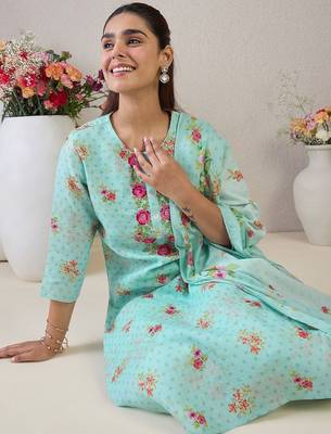 Women Floral Embroidered Regular Thread Work Linen Kurta with Trousers & With Dupatta 3