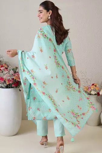 Women Floral Embroidered Regular Thread Work Linen Kurta with Trousers & With Dupatta