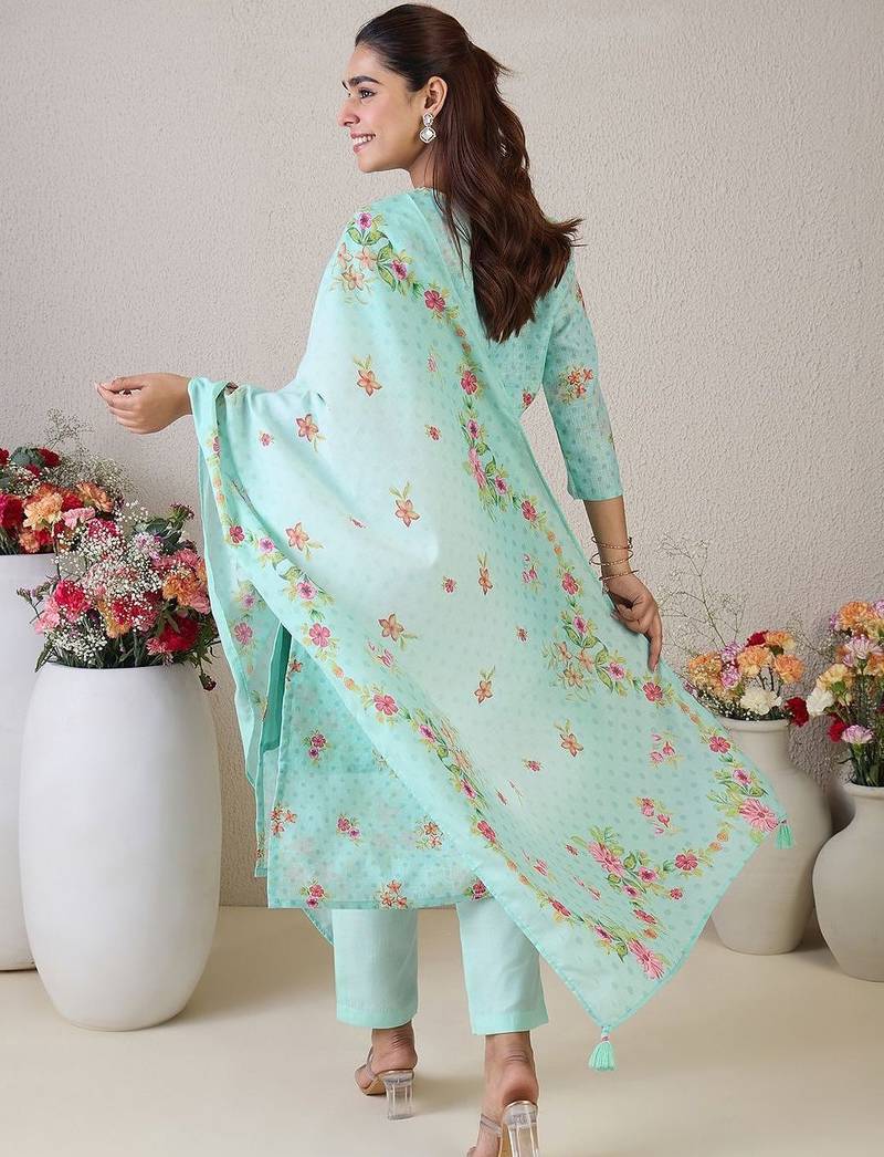 Women Floral Embroidered Regular Thread Work Linen Kurta with Trousers & With Dupatta