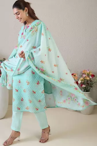Women Floral Embroidered Regular Thread Work Linen Kurta with Trousers & With Dupatta
