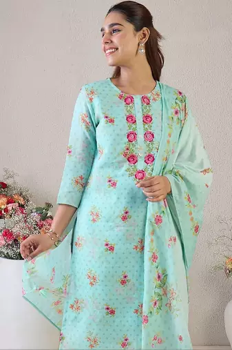 Women Floral Embroidered Regular Thread Work Linen Kurta with Trousers & With Dupatta