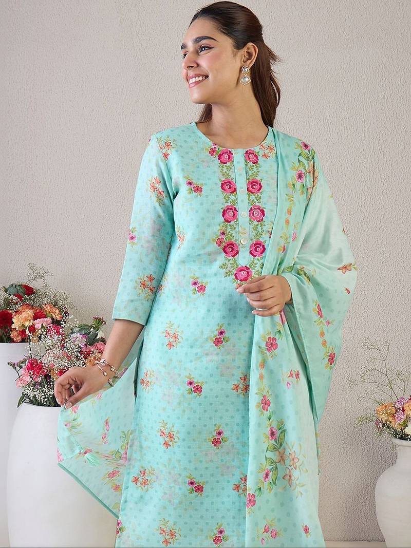 Women Floral Embroidered Regular Thread Work Linen Kurta with Trousers & With Dupatta