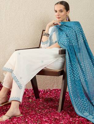 Women Ethnic Motifs Embroidered Regular Thread Work Pure Cotton Kurta with Trousers & With Dupatta 1