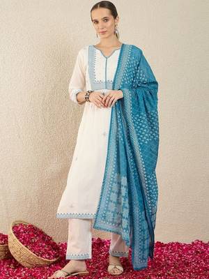 Women Ethnic Motifs Embroidered Regular Thread Work Pure Cotton Kurta with Trousers & With Dupatta 2