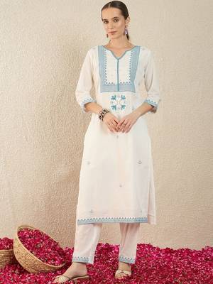Women Ethnic Motifs Embroidered Regular Thread Work Pure Cotton Kurta with Trousers & With Dupatta 6