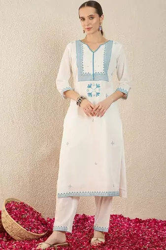 Women Ethnic Motifs Embroidered Regular Thread Work Pure Cotton Kurta with Trousers & With Dupatta