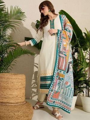 Ethnic Motifs Printed Regular Thread Work Kurta with Trousers & With Dupatta 1