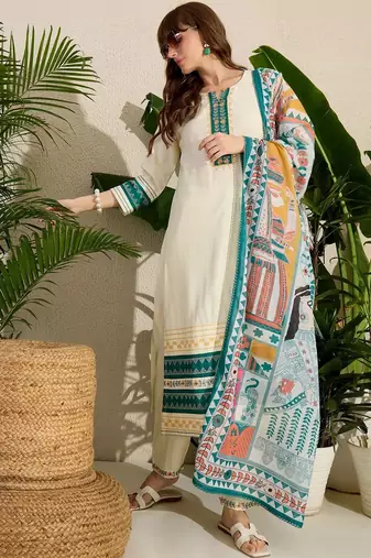 Ethnic Motifs Printed Regular Thread Work Kurta with Trousers & With Dupatta
