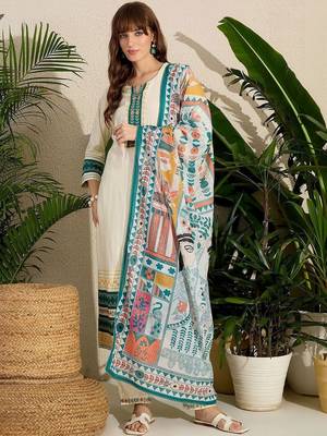 Ethnic Motifs Printed Regular Thread Work Kurta with Trousers & With Dupatta 4