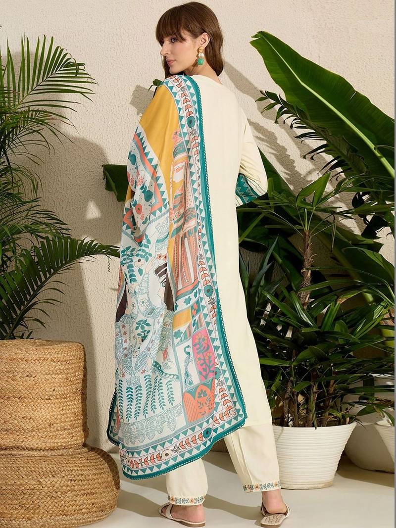Ethnic Motifs Printed Regular Thread Work Kurta with Trousers & With Dupatta