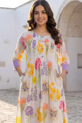 Women Floral Printed Pleated Pure Cotton Kurta with Trousers