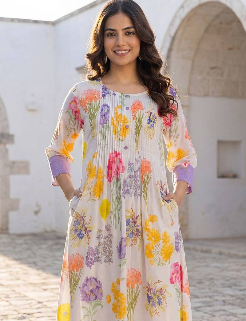 Women Floral Printed Pleated Pure Cotton Kurta with Trousers