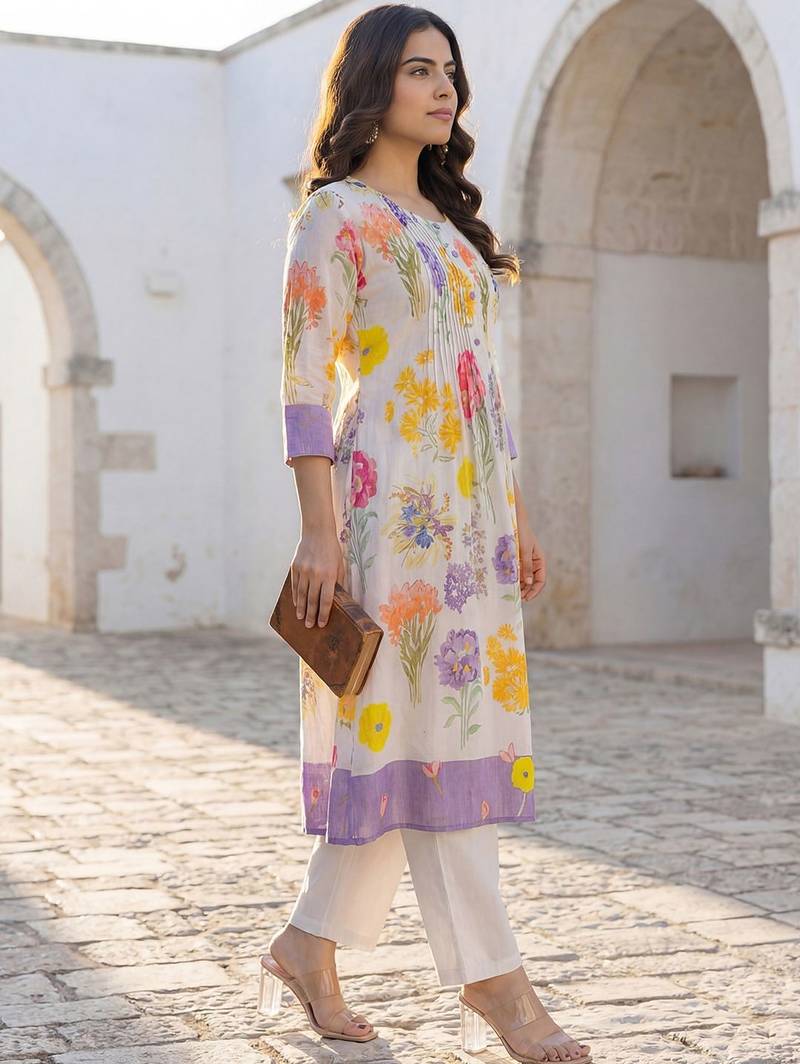 Women Floral Printed Pleated Pure Cotton Kurta with Trousers