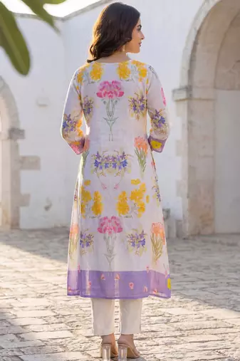 Women Floral Printed Pleated Pure Cotton Kurta with Trousers