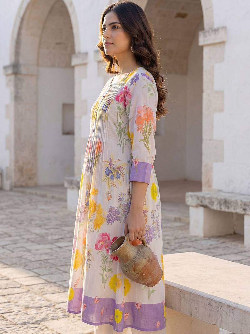 Women Floral Printed Pleated Pure Cotton Kurta with Trousers