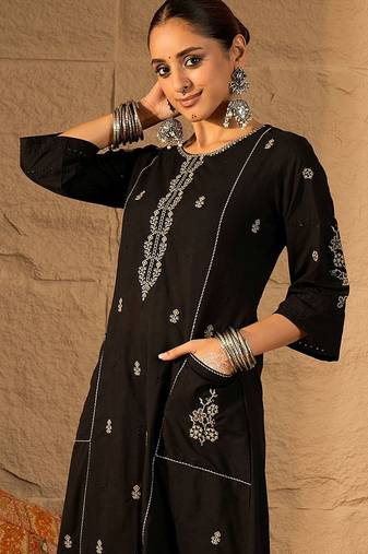 Floral Embroidered Round Neck  Cotton Thread Work A-Line Kurta & Trousers