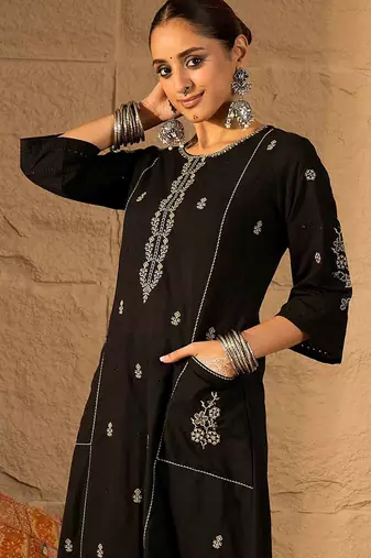 Floral Embroidered Round Neck Pure Cotton Thread Work A-Line Kurta & Trousers