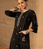 Floral Embroidered Round Neck Pure Cotton Thread Work A-Line Kurta & Trousers