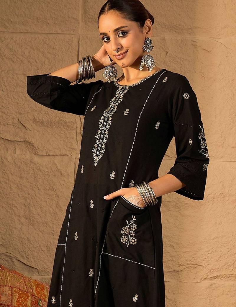 Floral Embroidered Round Neck Pure Cotton Thread Work A-Line Kurta & Trousers