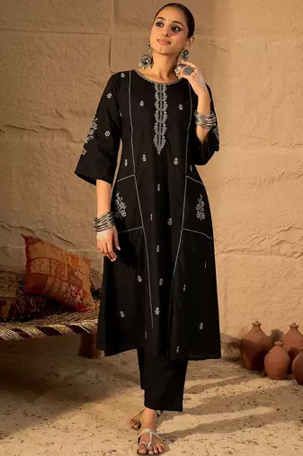 Floral Embroidered Round Neck Pure Cotton Thread Work A-Line Kurta & Trousers