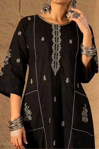 Floral Embroidered Round Neck Pure Cotton Thread Work A-Line Kurta & Trousers