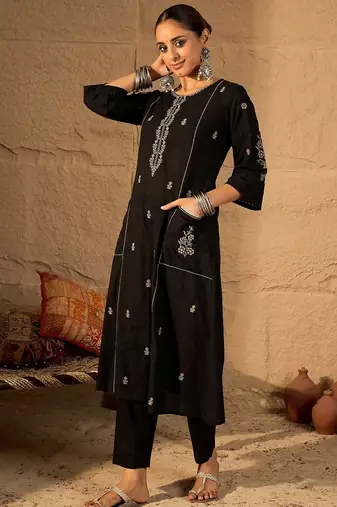 Floral Embroidered Round Neck Pure Cotton Thread Work A-Line Kurta & Trousers