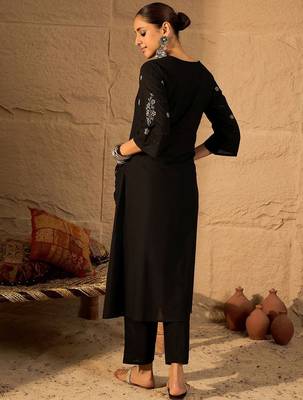 Floral Embroidered Round Neck Pure Cotton Thread Work A-Line Kurta & Trousers 5