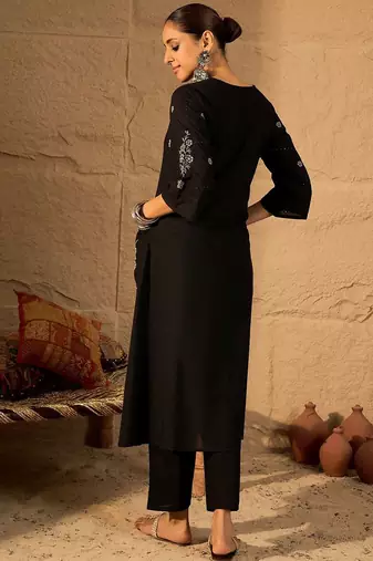 Floral Embroidered Round Neck Pure Cotton Thread Work A-Line Kurta & Trousers