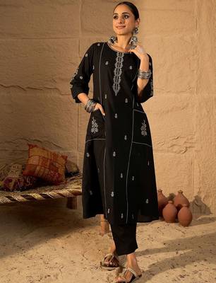 Floral Embroidered Round Neck Pure Cotton Thread Work A-Line Kurta & Trousers 6