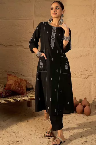 Floral Embroidered Round Neck Pure Cotton Thread Work A-Line Kurta & Trousers