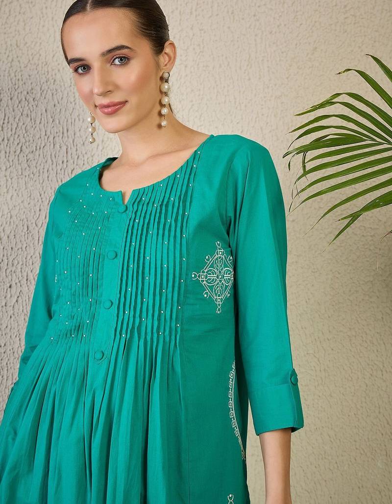 Ethnic Motifs Embroidered Thread Work Pure Cotton Kurta with Trousers