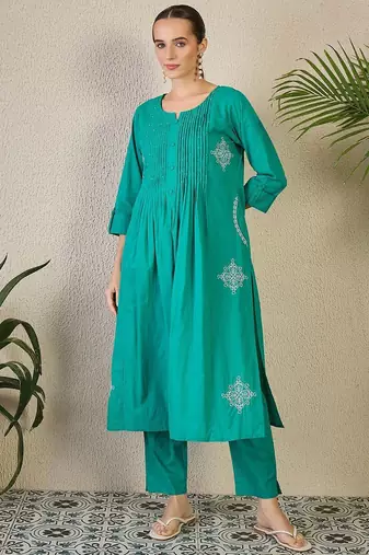 Ethnic Motifs Embroidered Thread Work Pure Cotton Kurta with Trousers