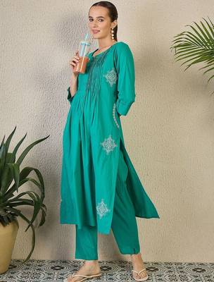 Ethnic Motifs Embroidered Thread Work Pure Cotton Kurta with Trousers 6