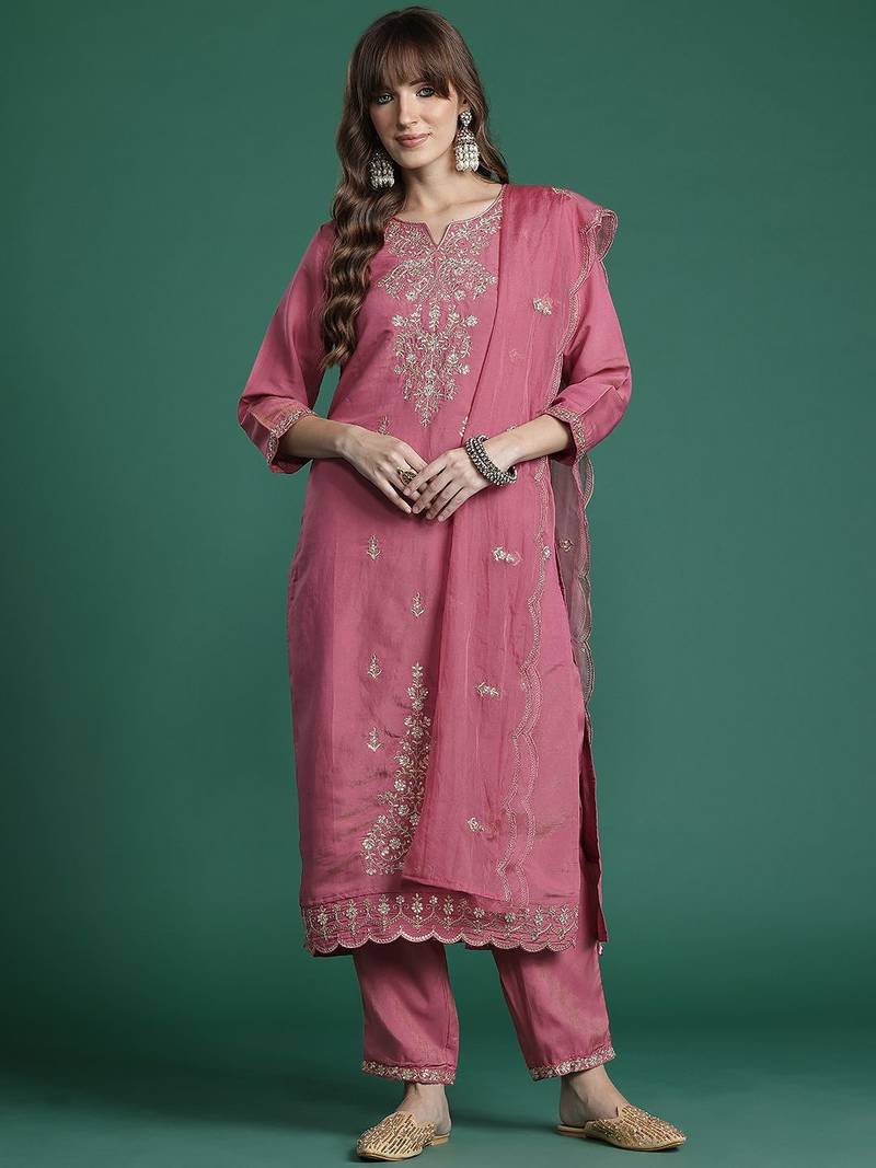 Ethnic Motifs Embroidered Gotta Patti Kurta with Trousers & Dupatta